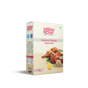 Box of Best Tandoori Masala Mix by City’s Master Chef with grilled chicken on a plate