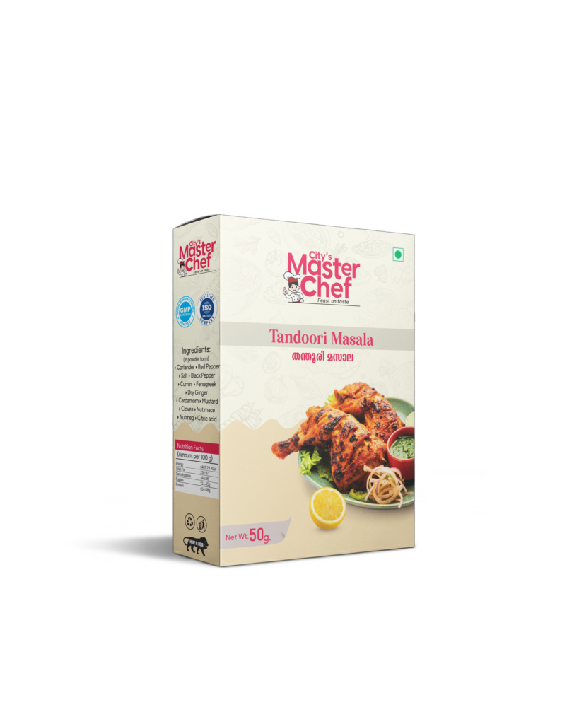 Box of Best Tandoori Masala Mix by City’s Master Chef with grilled chicken on a plate