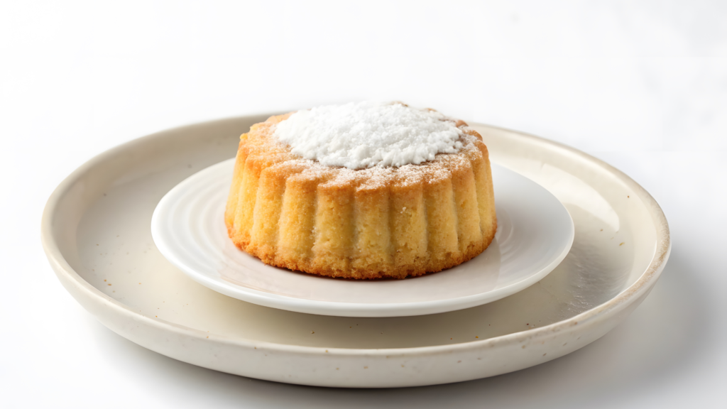 Soft golden sponge cake topped with powdered sugar on a white plate.