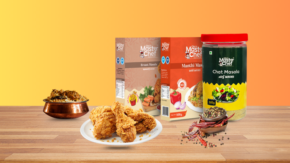 City’s Master Chef Masala products – Broast Masala, Manthi Masala, and Chat Masala with fried chicken and biriyani