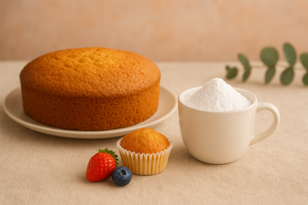 Soft sponge cake, cupcake, and a cup of baking powder with fresh strawberry and blueberry on a beige background.