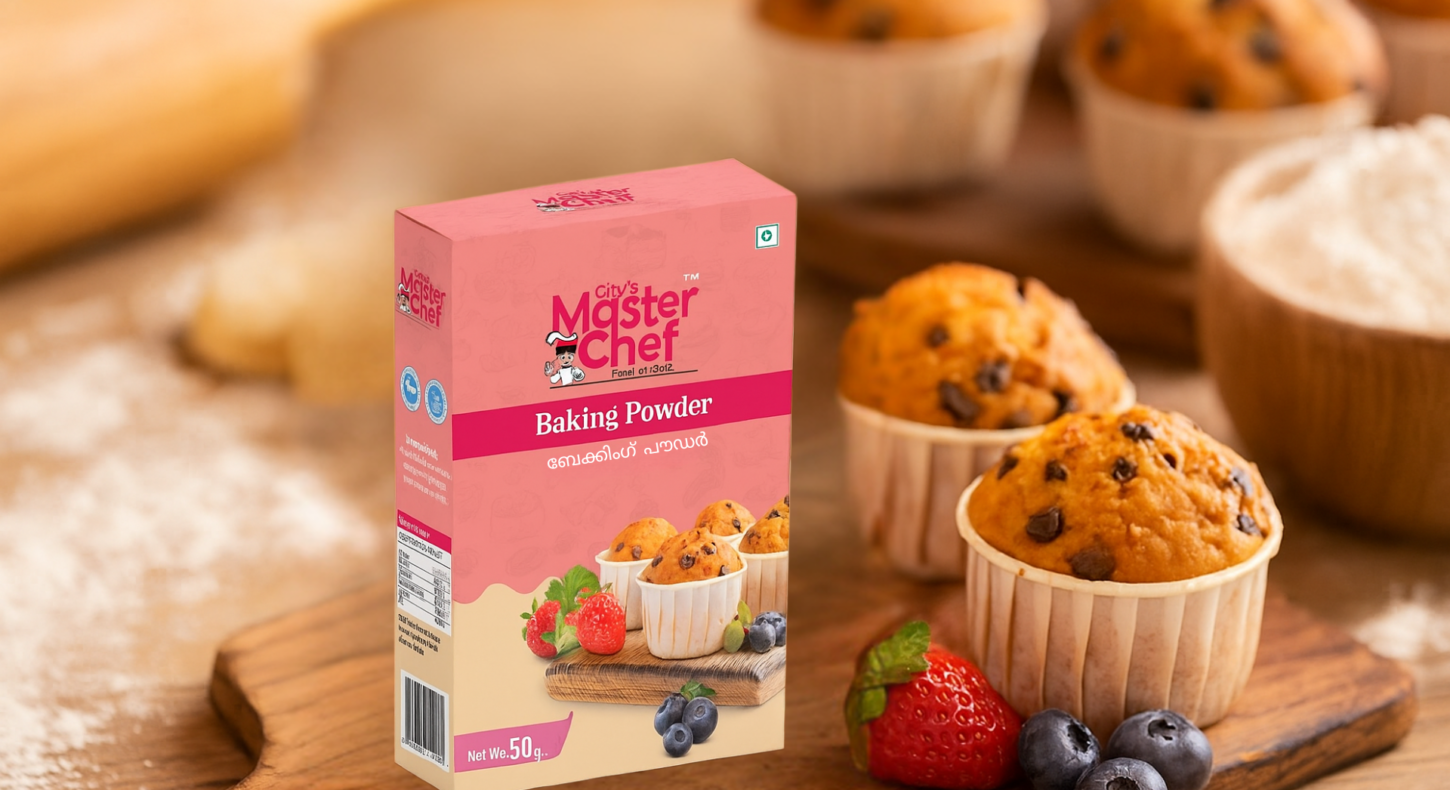 City’s Master Chef Baking Powder box with muffins, strawberries, and blueberries on a wooden board.