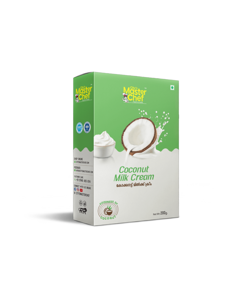 City’s Master Chef Coconut Milk Cream pack with fresh coconut splash, premium cooking cream for curries, desserts, and gravies.